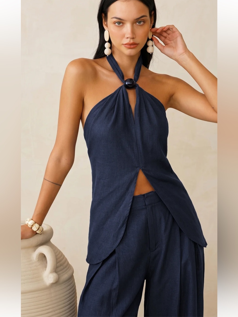 Commense Linen-Blend Halter Top & Pants Set